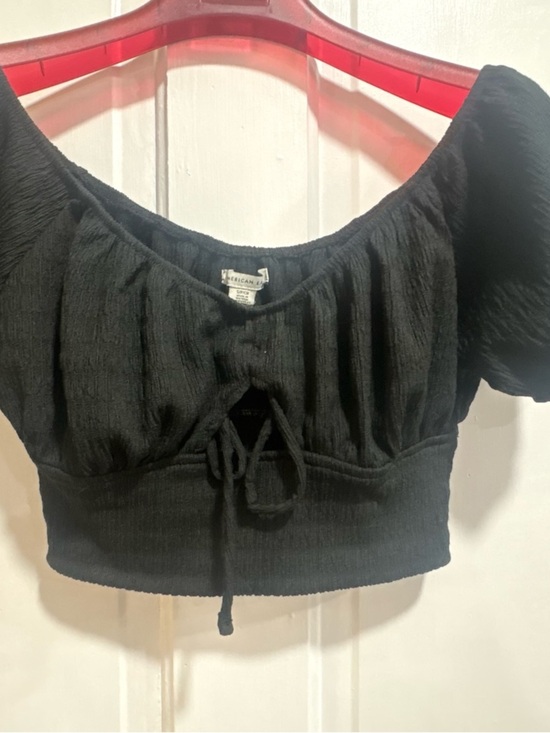 American Age Tops - American Eagle Black Cropped Tie-Front Peasant Top